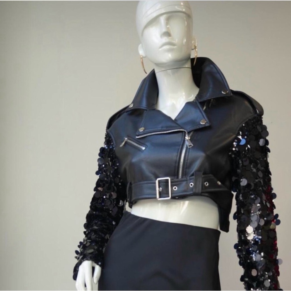 Women’s silver cropped faux leather jacket with embellishments - Picture 2 of 2